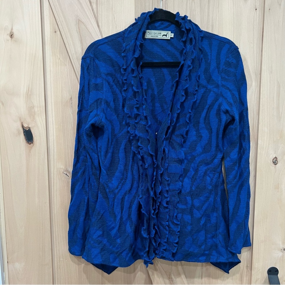 Peruvian Link Alpaca Collection Blue Ruffled Cardigan Size Large Made in Peru